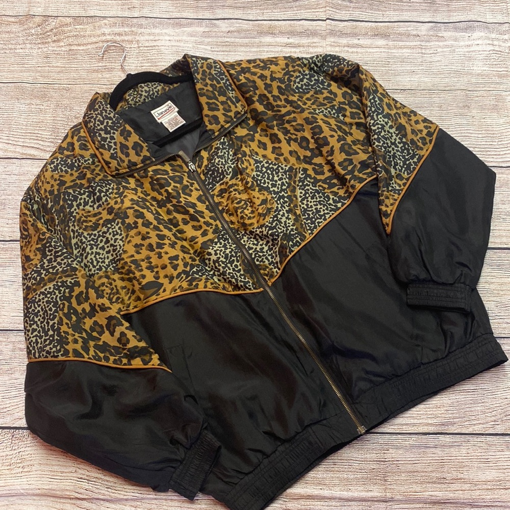 Leopard Panel Black Zip-Front Bomber Jacket